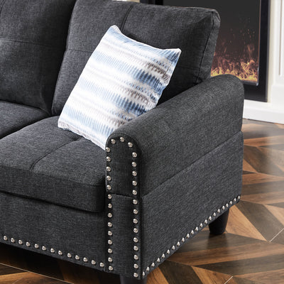SEGMART Black Mid-Century Sectional Sofa with Chaise Lounge and Storage Ottoman for Living Room, 97.5'' Wide Upholstered Linen Fabric Sectional Sofas with Solid Wood Frame and Cupholder, S5407