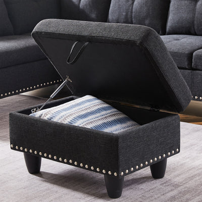 SEGMART Black Mid-Century Sectional Sofa with Chaise Lounge and Storage Ottoman for Living Room, 97.5'' Wide Upholstered Linen Fabric Sectional Sofas with Solid Wood Frame and Cupholder, S5407
