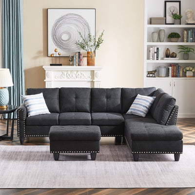 SEGMART Black Mid-Century Sectional Sofa with Chaise Lounge and Storage Ottoman for Living Room, 97.5'' Wide Upholstered Linen Fabric Sectional Sofas with Solid Wood Frame and Cupholder, S5407
