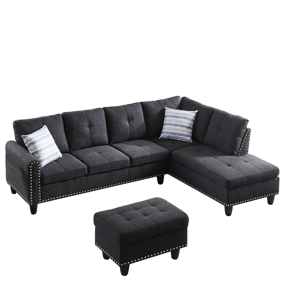 SEGMART Black Mid-Century Sectional Sofa with Chaise Lounge and Storage Ottoman for Living Room, 97.5'' Wide Upholstered Linen Fabric Sectional Sofas with Solid Wood Frame and Cupholder, S5407
