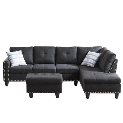SEGMART Black Mid-Century Sectional Sofa with Chaise Lounge and Storage Ottoman for Living Room, 97.5'' Wide Upholstered Linen Fabric Sectional Sofas with Solid Wood Frame and Cupholder, S5407