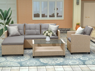 4 Piece Outdoor Wicker Furniture Set with Loveseat Sofa, Lounge Chair, Wicker Chair, Coffee Table, All-Weather Patio Sectional Sofa Set with Cushions for Backyard Garden Pool, LL