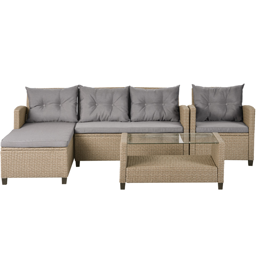 4 Piece Outdoor Deck Furniture Sets with Loveseat Sofa, Lounge Chair, Wicker Chair, Coffee Table, All-Weather Patio Conversation Set with Cushions for Backyard, Porch, Garden, Pool, L4980