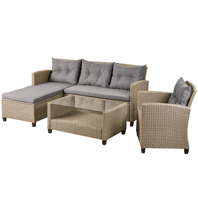 4 Piece Outdoor Wicker Furniture Set with Loveseat Sofa, Lounge Chair, Wicker Chair, Coffee Table, All-Weather Patio Sectional Sofa Set with Cushions for Backyard Garden Pool, LL