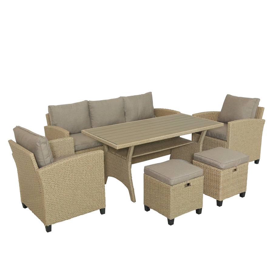6 Piece Outdoor Wicker Set, Rattan Wicker Patio Furniture with 3-Seat Sofa, Wicker Chairs, Stools, Dining Table, All-Weather Patio Dining Set with Cushions for Backyard, Garden, Pool, L4853
