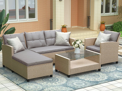 4 Piece Outdoor Wicker Furniture Set with Loveseat Sofa, Lounge Chair, Wicker Chair, Coffee Table, All-Weather Patio Sectional Sofa Set with Cushions for Backyard Garden Pool, LL