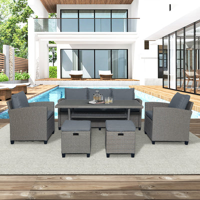 Rattan Wicker Patio Furniture, 6 Piece Patio Furniture Sofa Set with 3-Seat Sofa, Wicker Chairs, Stools, Dining Table, All-Weather Patio Conversation Set with Cushions for Backyard, Garden, Pool,L4840