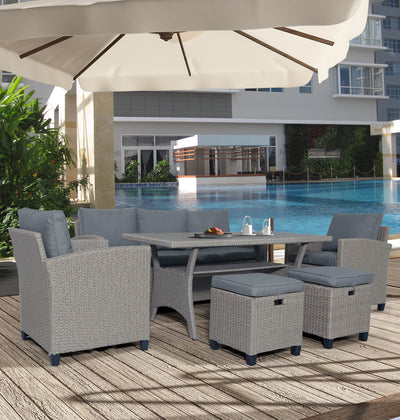 Rattan Wicker Patio Furniture, 6 Piece Patio Furniture Sofa Set with 3-Seat Sofa, Wicker Chairs, Stools, Dining Table, All-Weather Patio Conversation Set with Cushions for Backyard, Garden, Pool,L4840