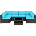 SEGMART Outdoor Conversation Seats Set! 7PCS Patio Conversation Seats Set with Coffee Table, All-Weather Wicker Sofa for Patio & Garden w/2 Corner Seats, 14 Padded Cushions, 2 Pillows, Blue, S1468