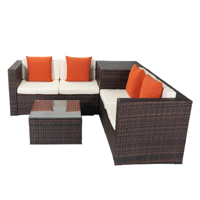 Outdoor Patio Chairs & Seating Sets Furniture for Outdoor Patio, 4-Piece Wicker Conversation Set w/L-Seats Sofa, R-Seats Sofa, Cushion box, Tempered Glass Dining Table, Padded Cushions, S8316