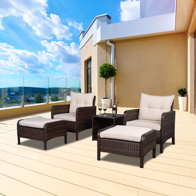 5 Piece Modular Sectional Wicker Set for Backyard, Resistant Elegance Conversation Furniture with Removable Cushions, 2 Ottomans, Tempered Glass Table, 330lbs, Beige Cushions, S6039