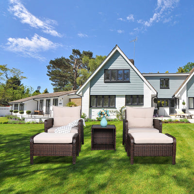 5 Piece Modular Sectional Wicker Set for Backyard, Resistant Elegance Conversation Furniture with Removable Cushions, 2 Ottomans, Tempered Glass Table, 330lbs, Beige Cushions, S6039