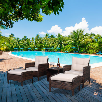 5 Piece Modular Sectional Wicker Set for Backyard, Resistant Elegance Conversation Furniture with Removable Cushions, 2 Ottomans, Tempered Glass Table, 330lbs, Beige Cushions, S6039