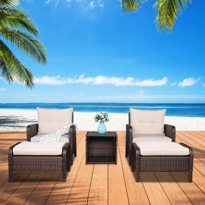 5 Piece Modular Sectional Wicker Set for Backyard, Resistant Elegance Conversation Furniture with Removable Cushions, 2 Ottomans, Tempered Glass Table, 330lbs, Beige Cushions, S6039