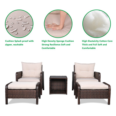 5 Piece Modular Sectional Wicker Set for Backyard, Resistant Elegance Conversation Furniture with Removable Cushions, 2 Ottomans, Tempered Glass Table, 330lbs, Beige Cushions, S6039