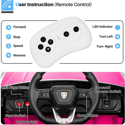 Electric Cars for Kids to Ride, 12V Realistic Lamborghini Kid Electric Ride on Car with Remote Control and MP3 Player, Kids Electric Vehicle with LED Light, Radio, Birthday Gift for Kids, Pink, S7816