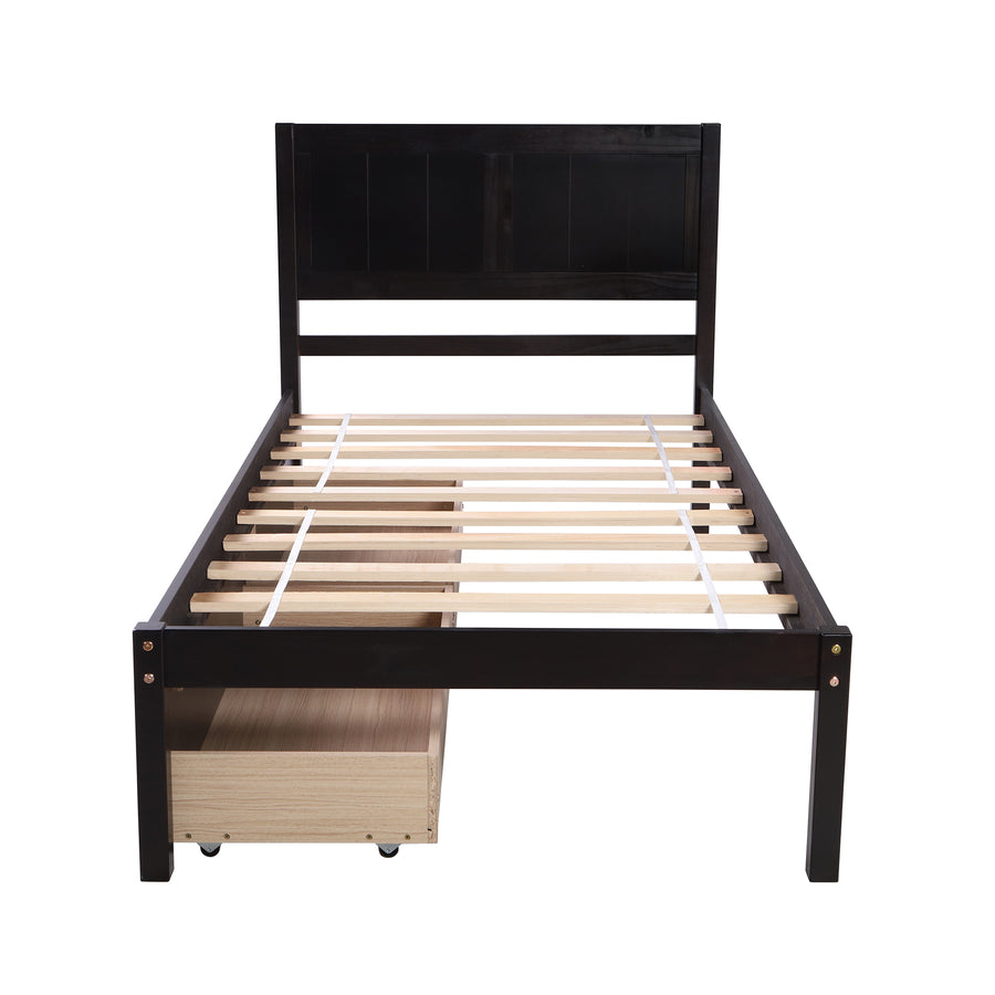 Twin Wood Bed Frame, Kids Platform Twin Bed with 2 Storage Drawers and Headboard, Platform Bed Frame Mattress Foundation with Wood Slat Support for Kids, Teens, White, SS954