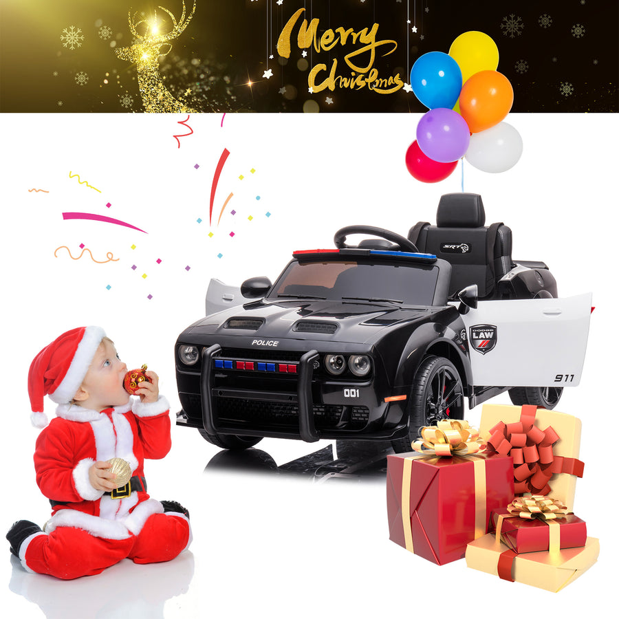 Ride On Toys Kids Police Car, 12V Battery Powered Electric Police Truck with Remote Control, LED Siren Flashing Light, Spring Suspension, Music, Horn, SUV Vehicle Gift for Children, Black, S1758