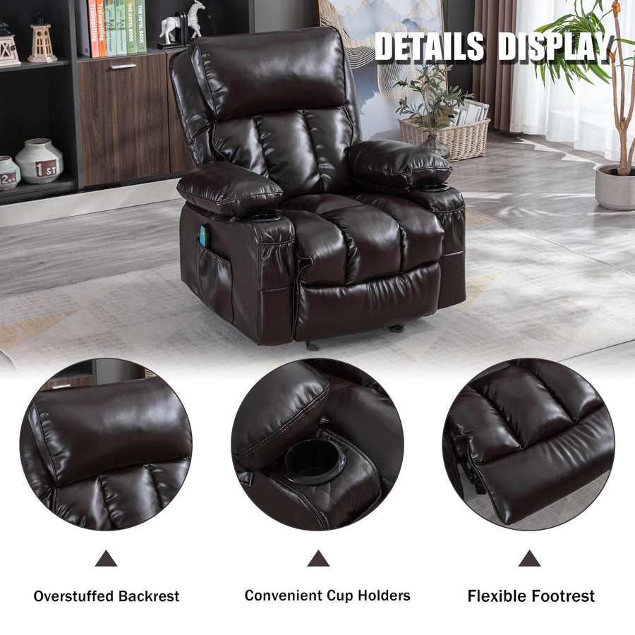 Massage Recliner Sofa with Remote Control, Single PU Leather Ergonomic Recliner Chaise Chair w/Rocking Function and Side Pocket, for Home, Lounge, Psychotherapy Room, S12570
