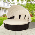 4 Piece Patio Daybed Set, Outdoor Round Daybed with Retractable Canopy, 2 Separates Cushioned Seats & 1 Round Center Table, PE Rattan Conversation Sofa Set for Porch Pool Garden Deck, K2533