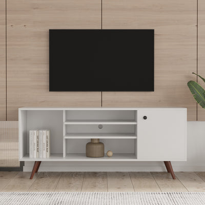 Television Stands for TVs up to 55'', Modern Entertainment Center with 4 Solid Wood Legs, Media Console Table Storage Desk with 2 Cabinet and Open Shelves, White, S9816