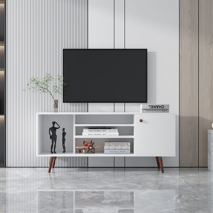 Television Stands for TVs up to 55'', Modern Entertainment Center with 4 Solid Wood Legs, Media Console Table Storage Desk with 2 Cabinet and Open Shelves, White, S9816