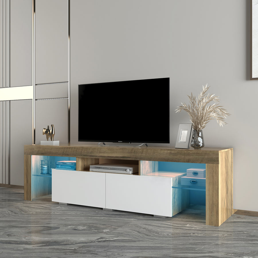 Television Stands for TVs up to 70'', Modern Gloss Entertainment Center with LED Lights, Media Console Table Storage Desk with 2 Drawers and Open Shelves for Up to 70 Inch TV, Gray Walne, S9816