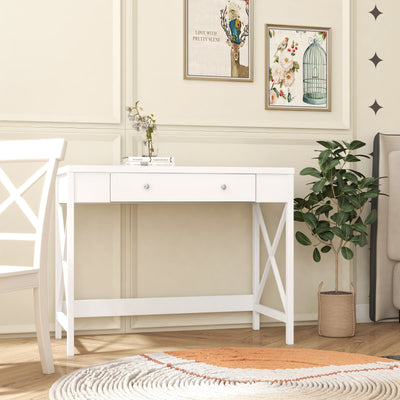 Makeup Vanity Table for Teen Girls, X Design Accent Makeup Vanity Set with Large Storage Drawer, White, S9204