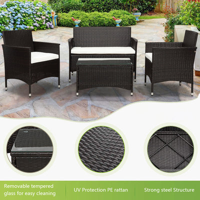 Wicker Chair Set, Upgrade 4 Piece Outdoor Patio Furniture Set with Wicker Chairs, Loveseat & Glass Coffee Table, Modern Rattan Conversation Set Wicker Patio Set for Yard, Porch, Poolside, LLL1728