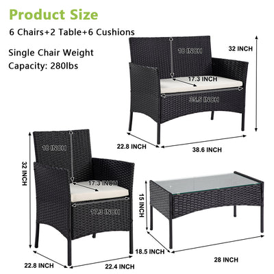 Wicker Chair Set, Upgrade 8 Piece Outdoor Patio Furniture Set with 2 Glass Dining Tables, 2 Loveseats & 4 Wicker Chairs, Modern Rattan Conversation Set Wicker Patio Set for Yard, Porch, Poolside,L3137