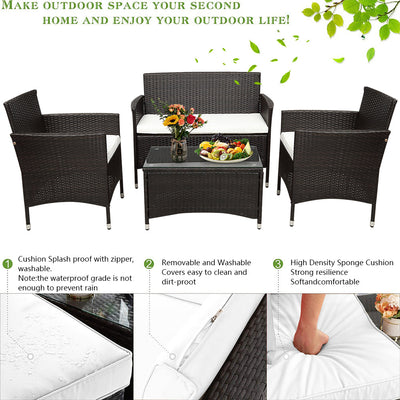 Wicker Chair Set, Upgrade 4 Piece Outdoor Patio Furniture Set with Wicker Chairs, Loveseat & Glass Coffee Table, Modern Rattan Conversation Set Wicker Patio Set for Yard, Porch, Poolside, LLL1728