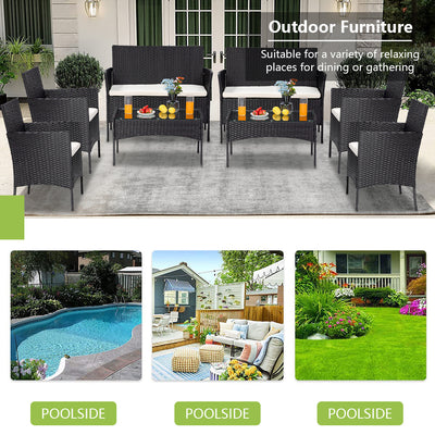 Wicker Chair Set, Upgrade 8 Piece Outdoor Patio Furniture Set with 2 Glass Dining Tables, 2 Loveseats & 4 Wicker Chairs, Modern Rattan Conversation Set Wicker Patio Set for Yard, Porch, Poolside,L3137