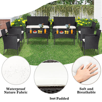 Wicker Chair Set, Upgrade 8 Piece Outdoor Patio Furniture Set with 2 Glass Dining Tables, 2 Loveseats & 4 Wicker Chairs, Modern Rattan Conversation Set Wicker Patio Set for Yard, Porch, Poolside,L3137