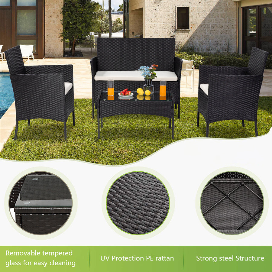 4 Piece Outdoor Patio Furniture Set, with Loveseat, Coffee Table and 2 Armchairs, All-Weather Rectangle Patio Sofa Wicker Set with Cushions for Backyard, Porch, Garden, Pool, L