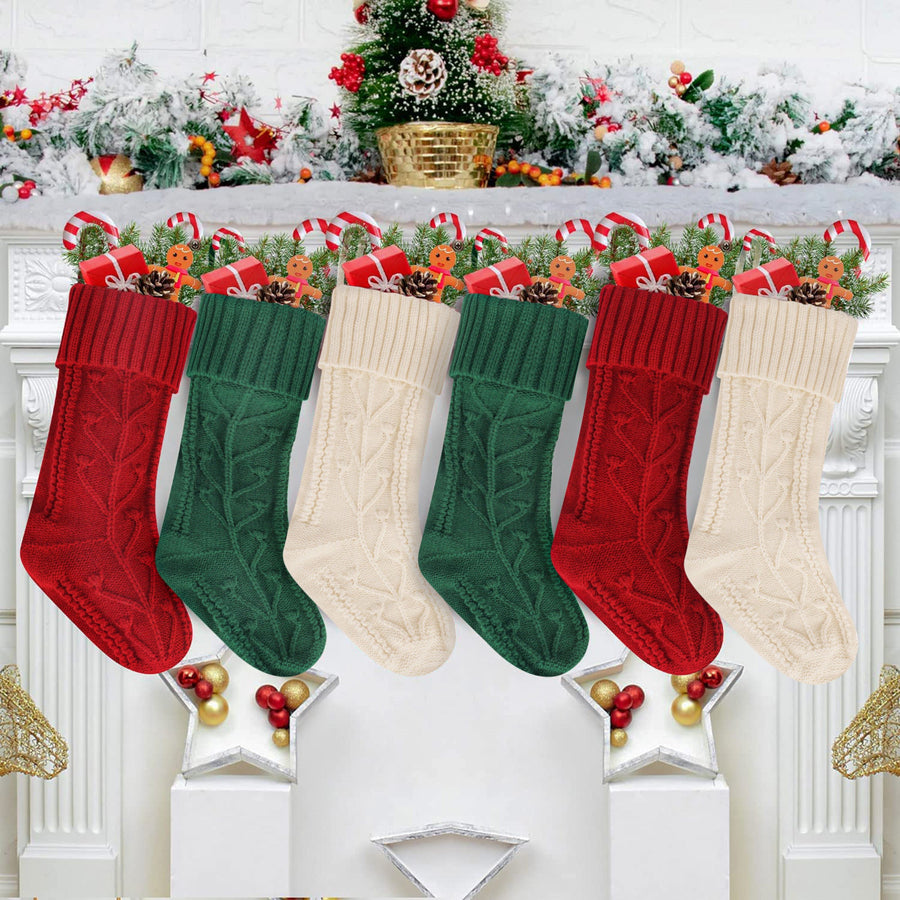3PCS Christmas Stockings, 18 Inches Large Knitted Xmas Stockings Decoration with Hanging Rope, Fireplace Hanging Stockings for Family Holiday Party Décor, Burgundy Emerald Ivory White