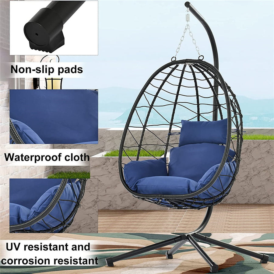 Outdoor Swinging Egg Chair, Patio Wicker Hanging Chairs with Stand, UV Resistant Hammock Chair with Comfortable Navy Blue Cushion, Durable Indoor Swing Egg Chair for Garden, Backyard, L3951