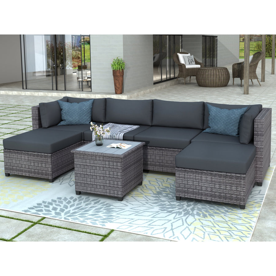 7 Piece Patio Furniture Set with 4 Rattan Wicker Chairs, 2 Ottoman, Coffee Table, All-Weather Outdoor Conversation Set with Gray Cushions for Backyard, Porch, Garden, Poolside, L5017