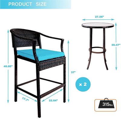 Wicker Patio Furniture Sets with Cushions, 3 Piece Outdoor Bar Bistro Set with Height Top Coffee Table, Modern Wicker Rattan Patio Furniture Set with Cushions for Backyard Garden Pool Deck, LLL1785