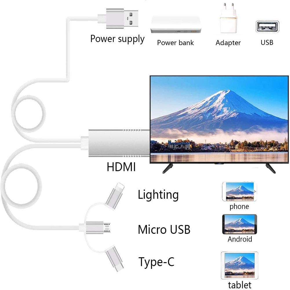HDMI Adapter for iphone, 3 in 1 Lighting/Micro USB/Type-C to HDMI