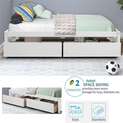 Wood Twin Platform Bed Frame with Drawers for Girls Boys, Kids Twin Size Bed Frame with Storage, Wood Slat Support, No Box Spring Needed, White, H690