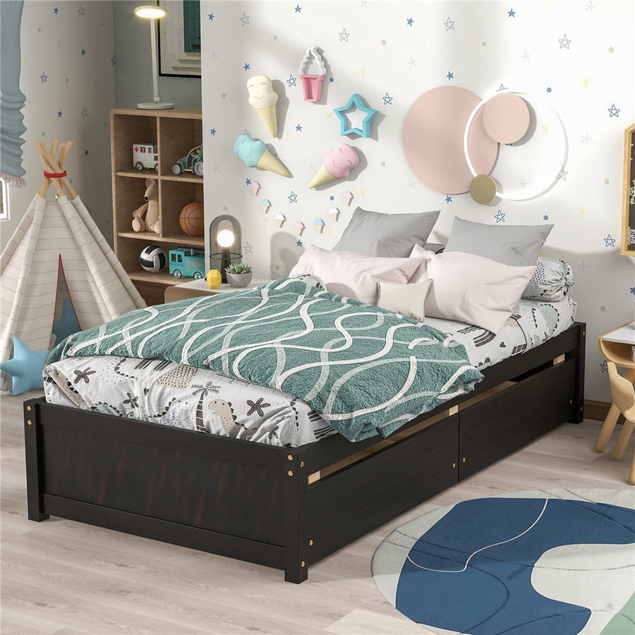 Wood Twin Platform Bed Frame with Drawers for Girls Boys, Kids Twin Size Bed Frame with Storage, Wood Slat Support, No Box Spring Needed, Espresso, LLL4665