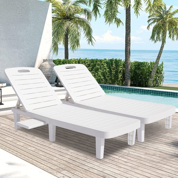 Set of 2 Patio Chaise Lounge, Outdoor Pool Lounge Chair, Layout Chair Outdoor Furniture Adjustable with 5 Positions | Side Table | Max Weight Capacity 330 lbs ( Material PP, White )