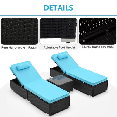 Outdoor Lounge Chairs, 3Pcs Patio Chaise Lounge Chairs Furniture Set with Adjustable Back and Head Pillow, All-Weather Rattan Reclining Lounge Chair for Beach, Backyard, Porch, Garden, Pool, LLL1554