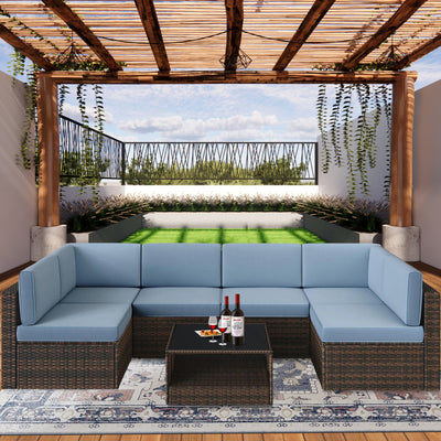 7 Piece Patio Furniture Set, 6 Rattan Wicker Chairs with Glass Dining Table, All-Weather Outdoor Conversation Set with Cushions for Backyard, Porch, Garden, Poolside, L4496