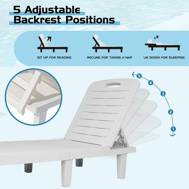Outdoor Chaise Loungers, 2 Piece Patio Chaise Lounge Chairs Furniture Set with Adjustable Back/Retractable Tray, All-Weather Plastic Reclining Lounge Chair for Beach, Backyard, Porch, Garden, Pool, L