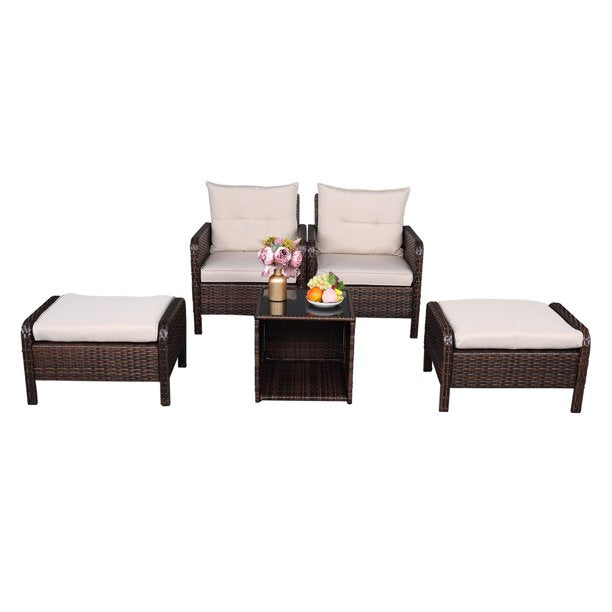 Outdoor Conversation Sets, 5 Piece Patio Furniture Sets with 2 Cushioned Chairs, 2 Ottomans, Wicker Table, PE Wicker Rattan Outdoor Lounge Chair Conversation Set for Backyard, Porch, Garden, LLL309