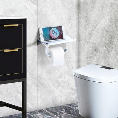 Wall Mounted Toilet Paper Holder with Phone Shelf, Space Aluminum Bathroom Accessories Tissues Roll Holder, Bathroom Paper Towel Storage Rack, Washroom Toilet Paper Holder with Storage Shelf, S5702