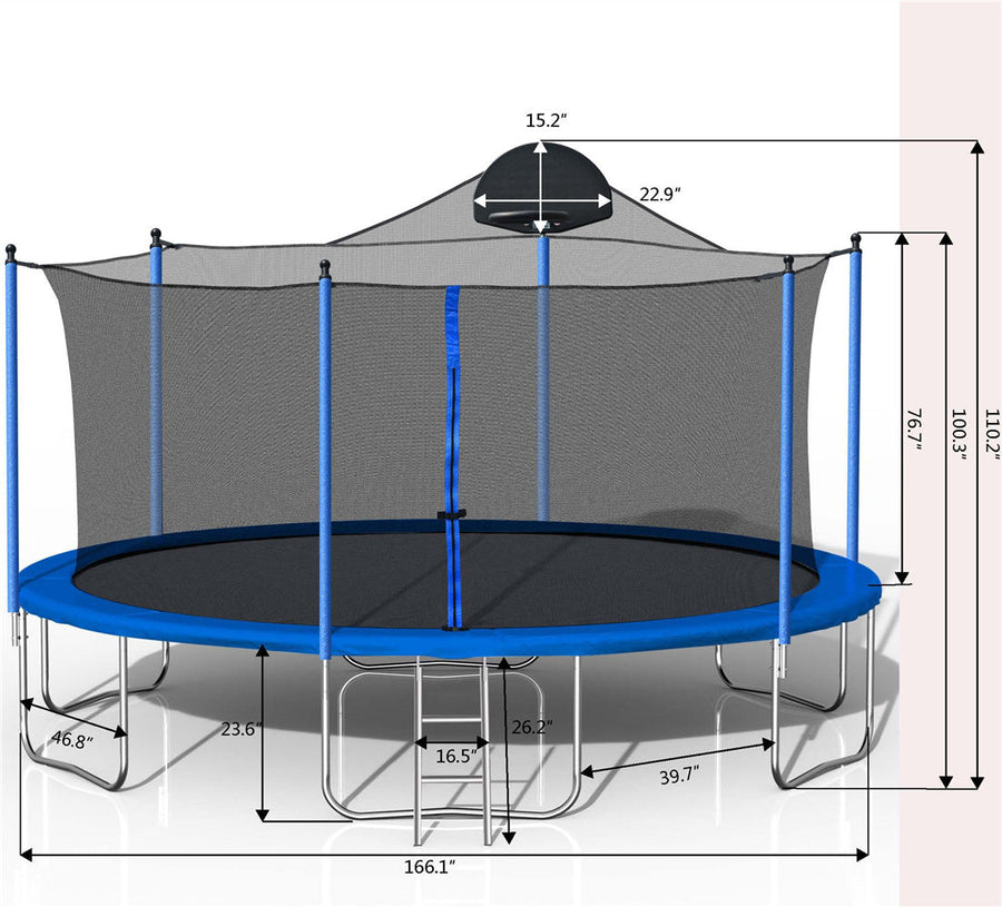 Trampoline for Kids, 14 Feet Outdoor Trampoline with Safety Enclosure Net, Basketball Hoop and Ladder, Blue Round Trampoline for Indoor or Outdoor Backyard, L3730