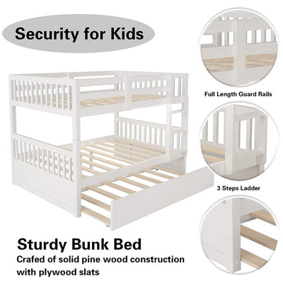 Solid Wood Bunk Beds for Kids, SEGMART White Full over Full Bunk Bed with Trundle, Solid Wood Full Bunk Bed with Ladder, Full Size Detachable Bunk Bed Frame for Kids, Boys, Girls, Teens, LLL1470