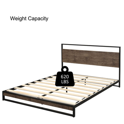 Queen Bed Frame with Headboard, SEGMART Metal Bed Frame with Wood Slat Support, Platform Bed Queen Size for Kids Adults Teens, Queen Bed Frame No Box Spring Needed, Mocha Wood, L